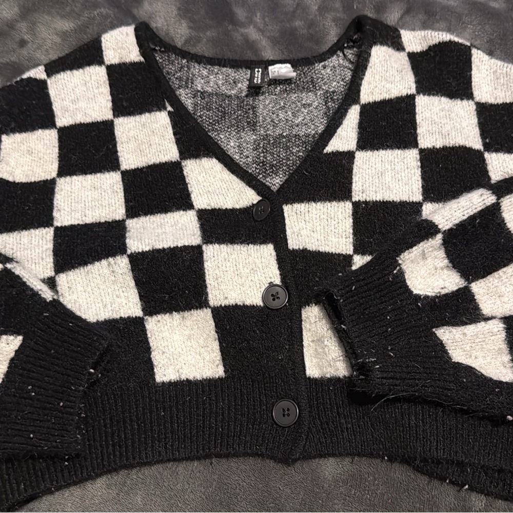 H&M Black and White Checkered Cardigan Sweater